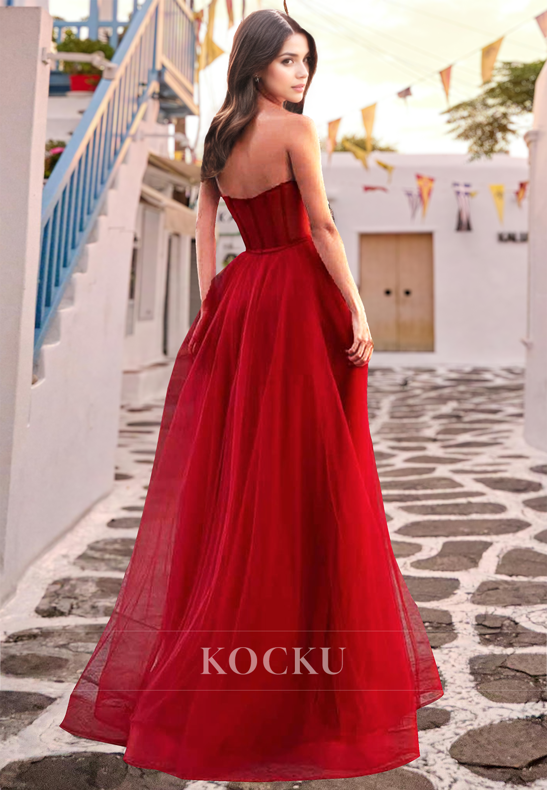 Charming A-Line Sweetheart Sleeveless Stripe Pleated Long Lace Evening Prom Dress with Slit