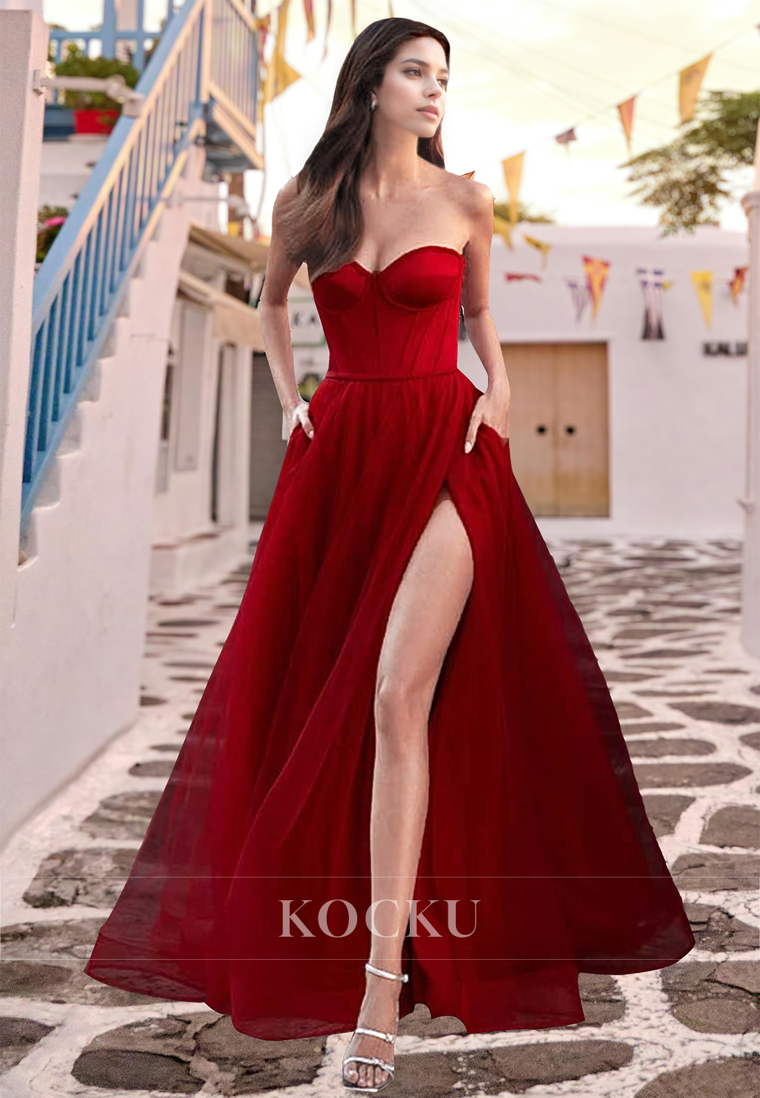 Charming A-Line Sweetheart Sleeveless Stripe Pleated Long Lace Evening Prom Dress with Slit