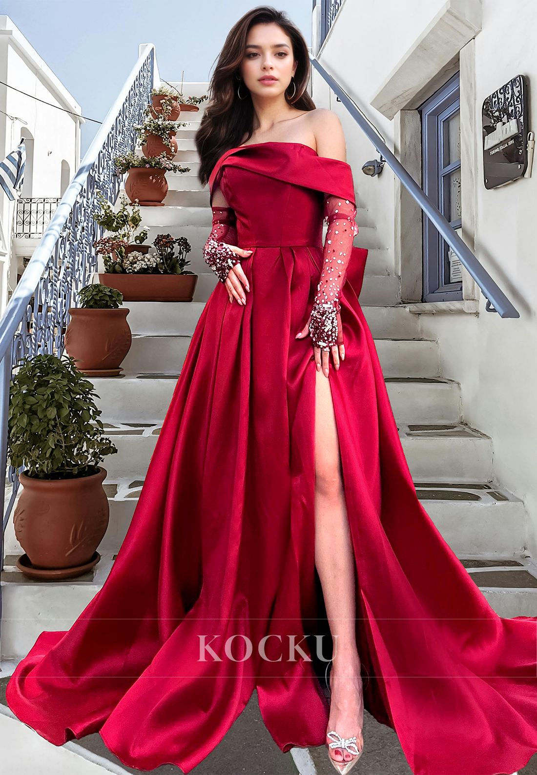 Tube Top A-Line Long Sleeves High Split Train Bows Pleats Satin Prom Dress with Beads Evening Dress