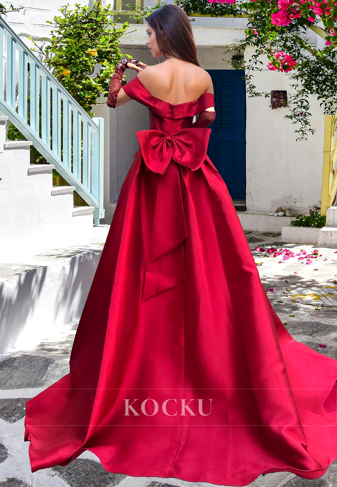 Tube Top A-Line Long Sleeves High Split Train Bows Pleats Satin Prom Dress with Beads Evening Dress