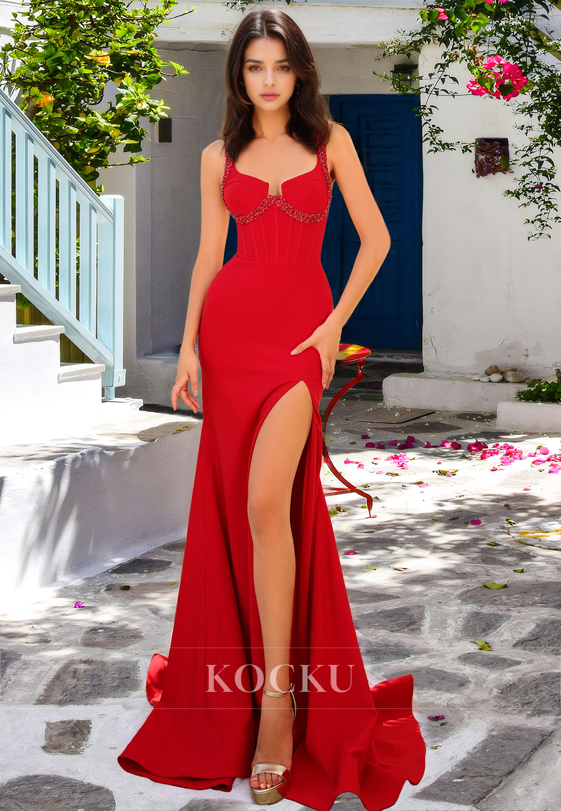 Beaded Sweetheart Straps Prom Dress Sleeveless Sweep Train Satin Party Dress with Slit