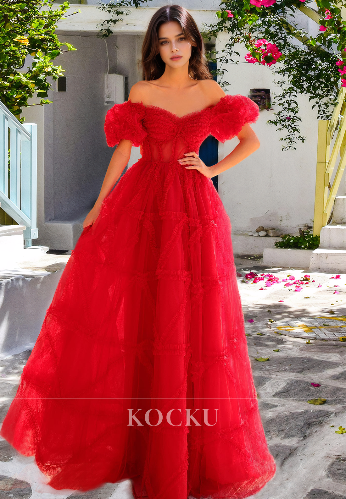 Off-Shoulder A-Line Sleeveless Sweetheart Lace Long Ball Gown Prom Dress with Pleats
