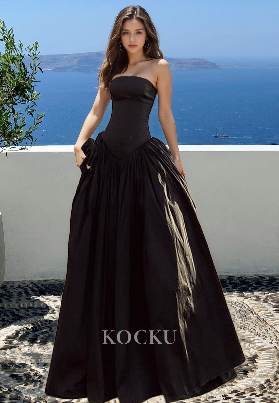 Elegant A-Line Tube Top Sleeveless Satin Pleats Long Prom Formal Evening Dress