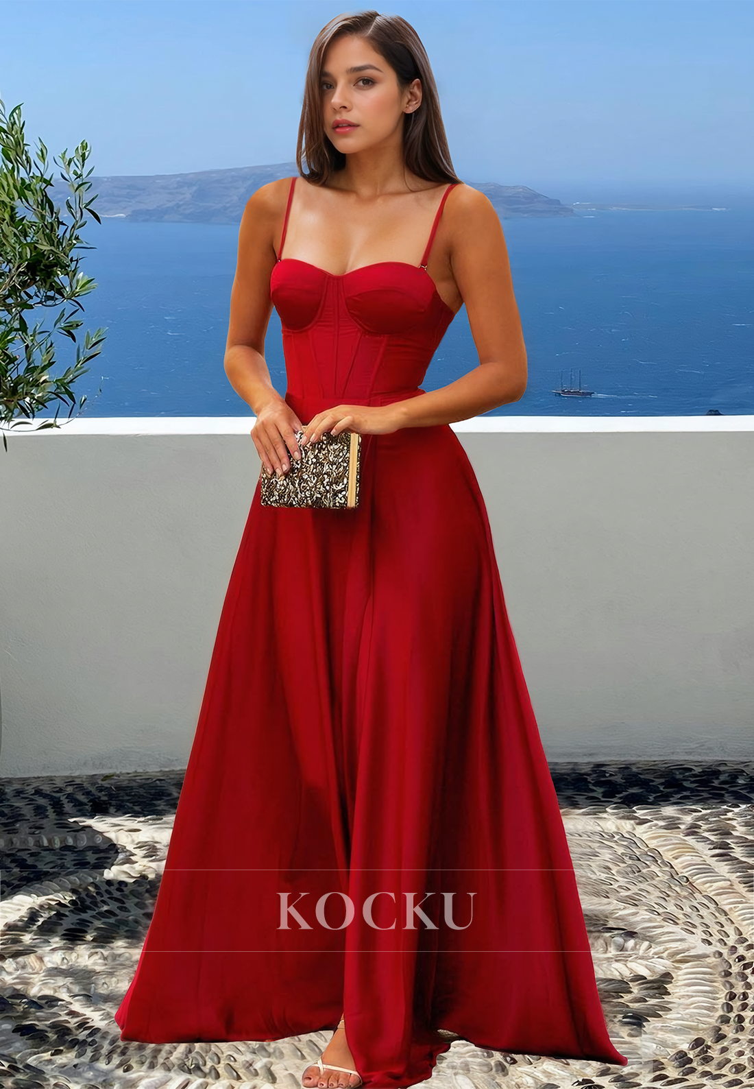 Claasic A-Line Spaghetti Straps Sweetheart Stripe Satin Pleats Long Prom Formal Dress