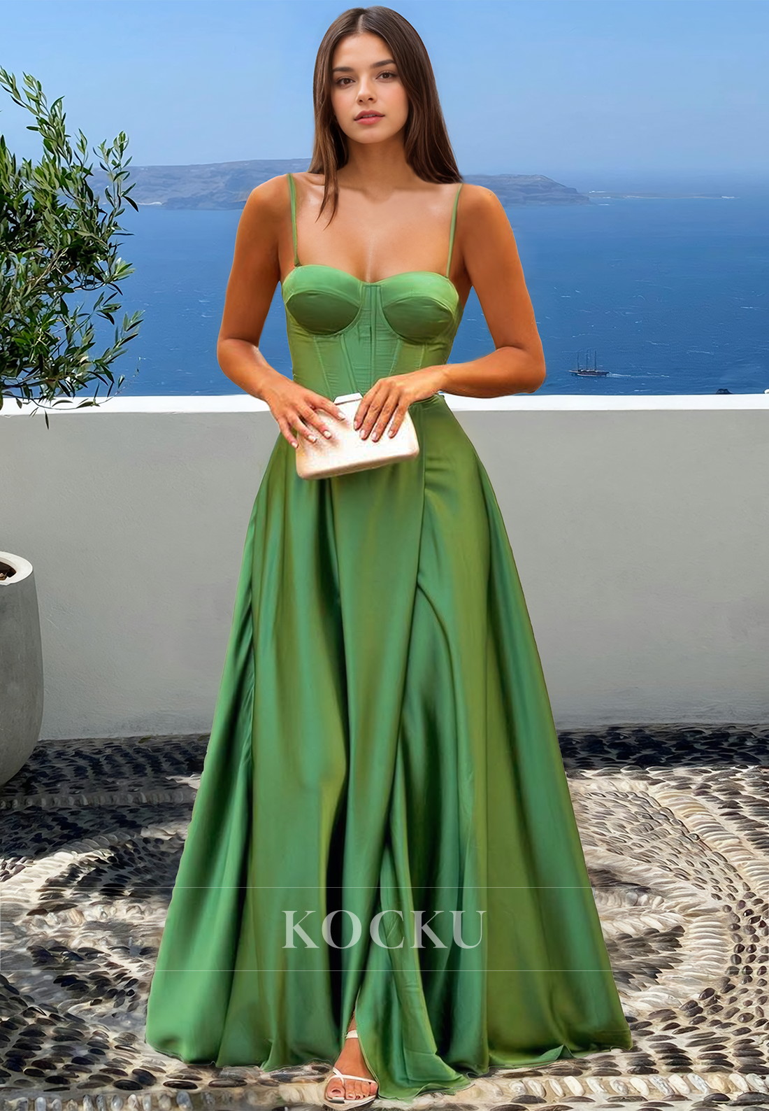 Claasic A-Line Spaghetti Straps Sweetheart Stripe Satin Pleats Long Prom Formal Dress