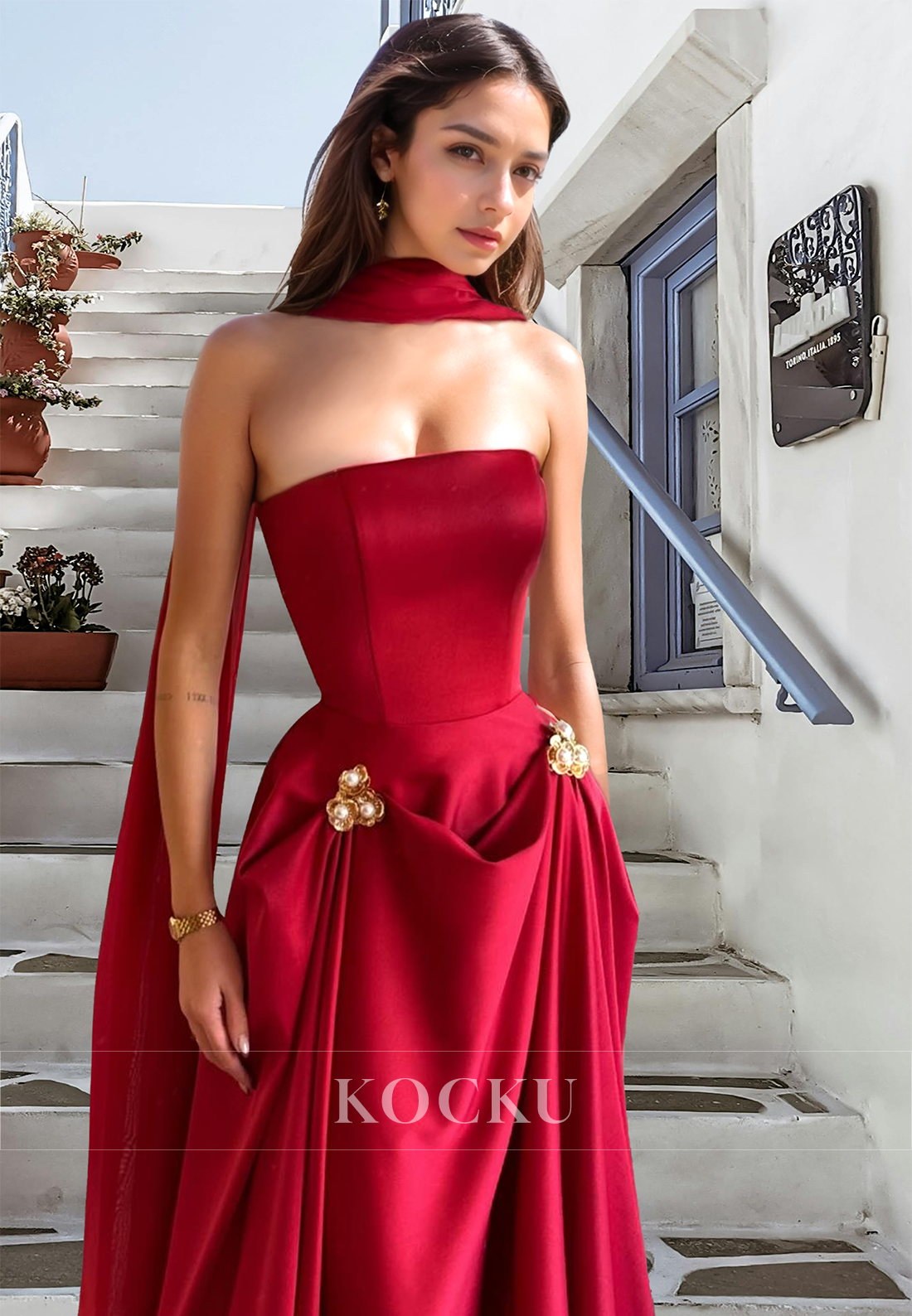 Striking Tube Top A-Line Sleeveless Pleats Satin Long Prom Party Dress with Beaded