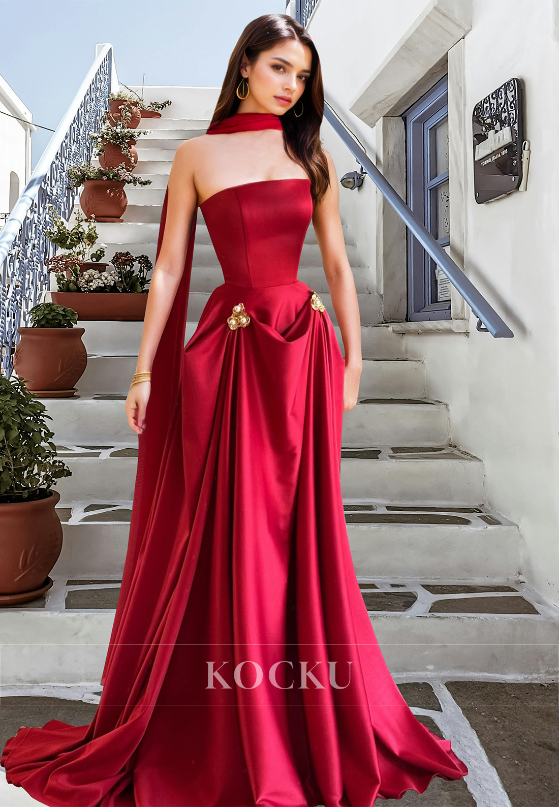 Striking Tube Top A-Line Sleeveless Pleats Satin Long Prom Party Dress with Beaded