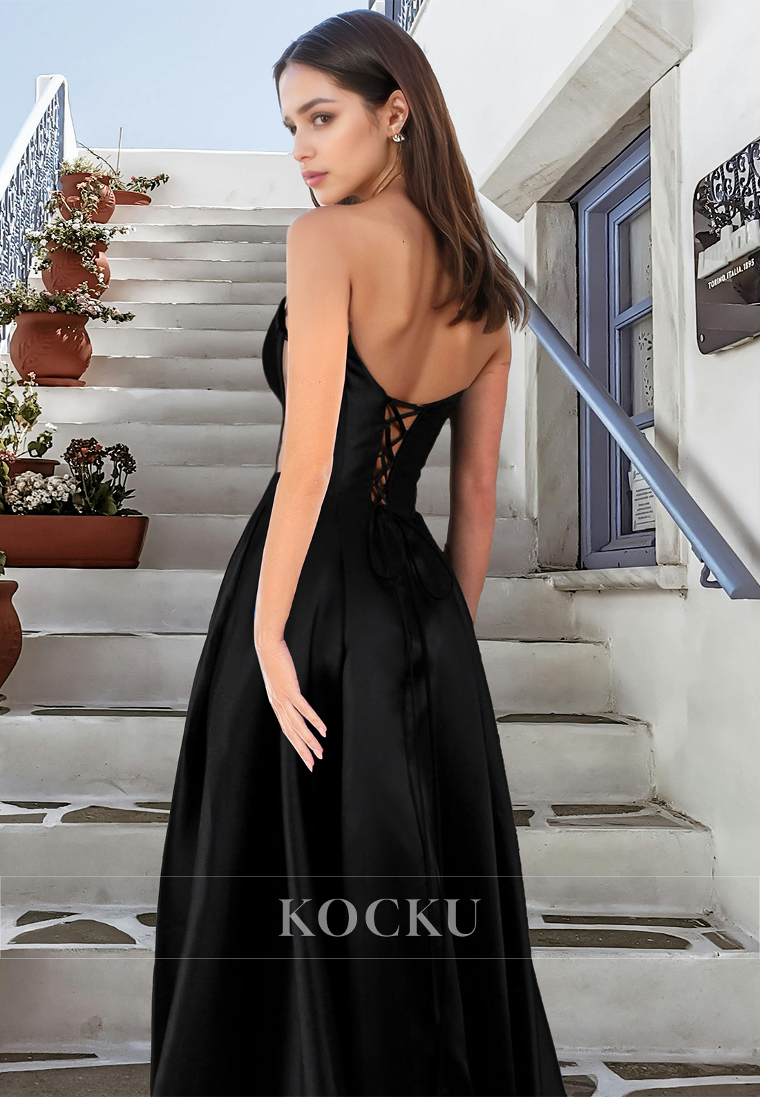 Sexy A-Line Sweetheart Sleeveless Stripe Side Slit Satin Pleats Prom Dress with Train Party Dress