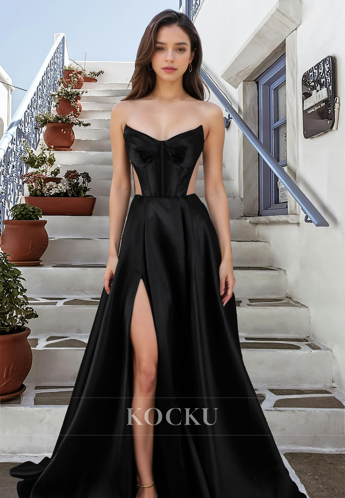 Sexy A-Line Sweetheart Sleeveless Stripe Side Slit Satin Pleats Prom Dress with Train Party Dress