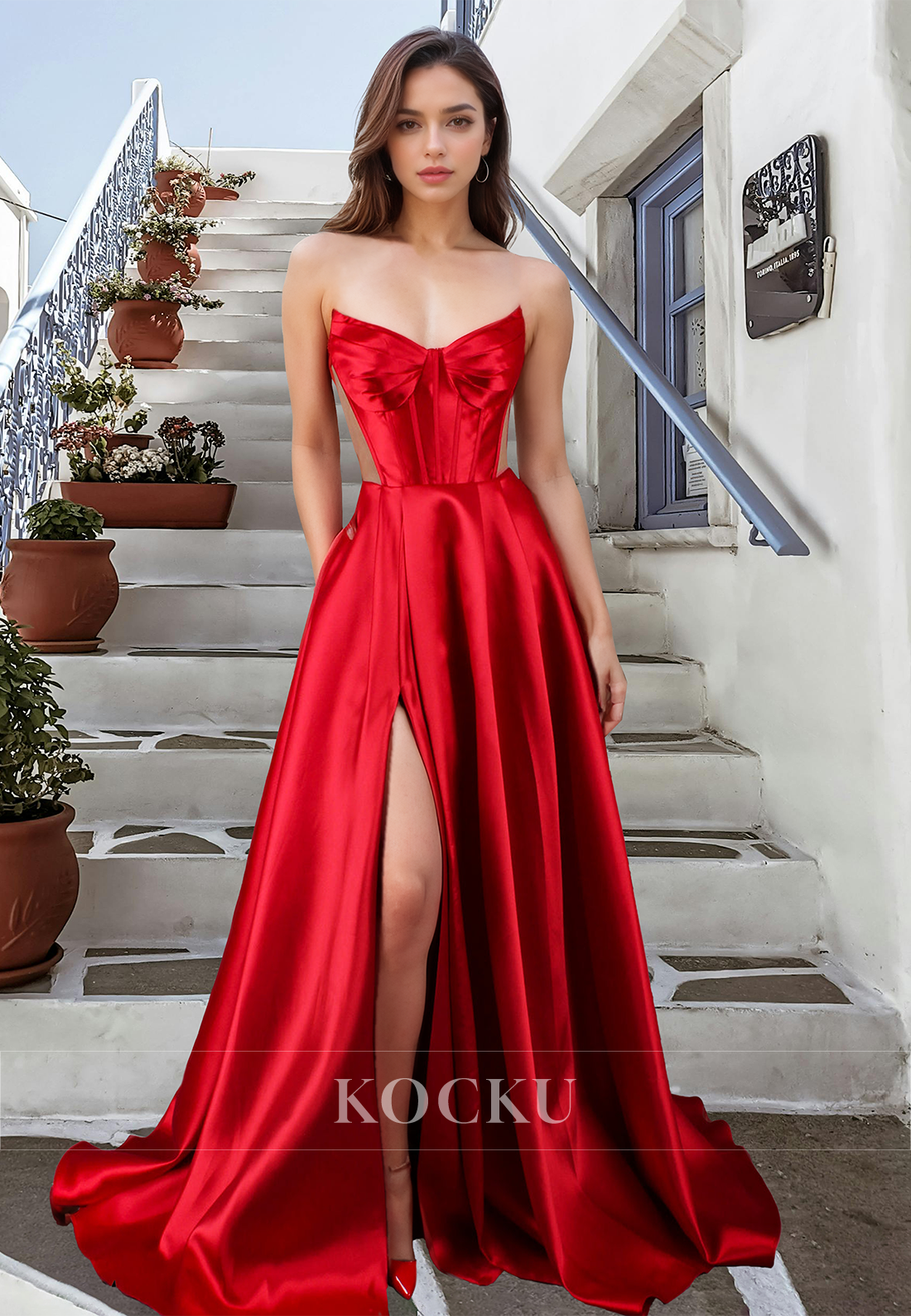 Sexy A-Line Sweetheart Sleeveless Stripe Side Slit Satin Pleats Prom Dress with Train Party Dress