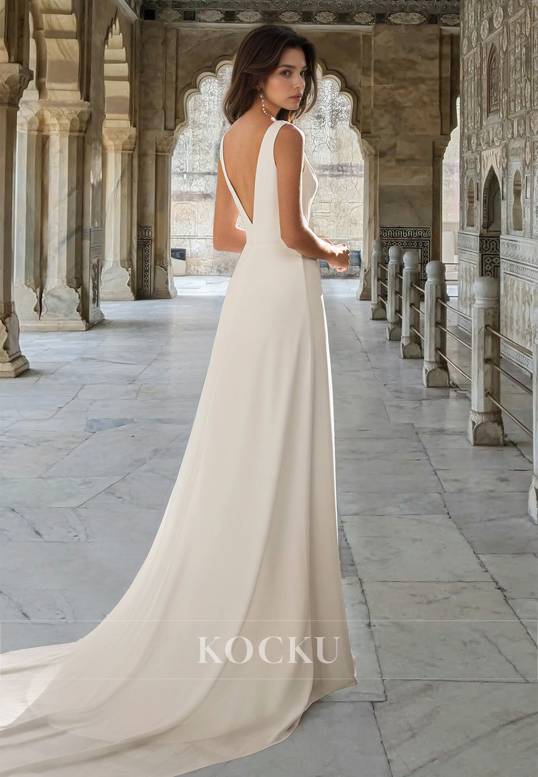 Classic A-Line V-Neck Straps Sleeveless Two Piece Satin Wedding Dress Boho Gown with Slit