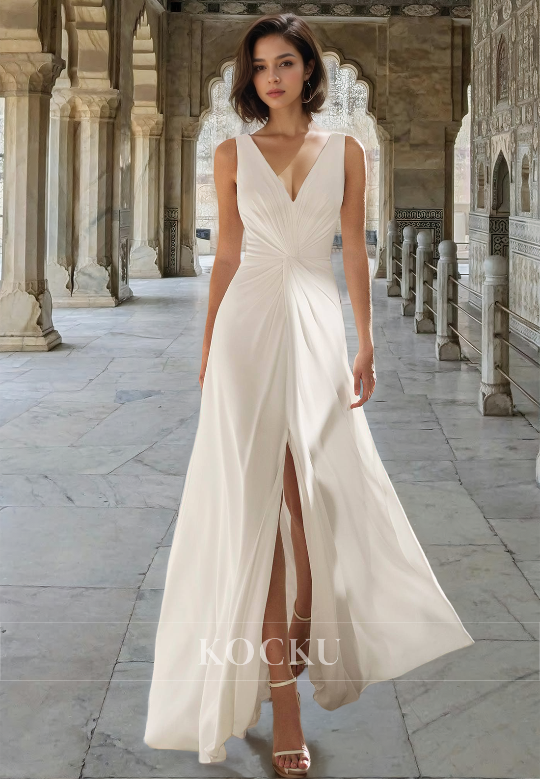 Classic A-Line V-Neck Straps Sleeveless Two Piece Satin Wedding Dress Boho Gown with Slit