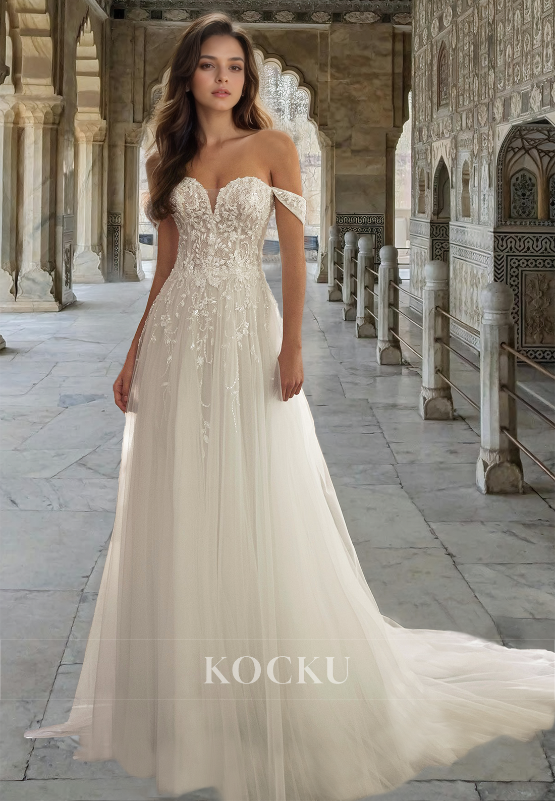 A-Line Off-Shoulder Sweetheart Sleeveless Lace Train Pleats Wedding Dress with Appliques