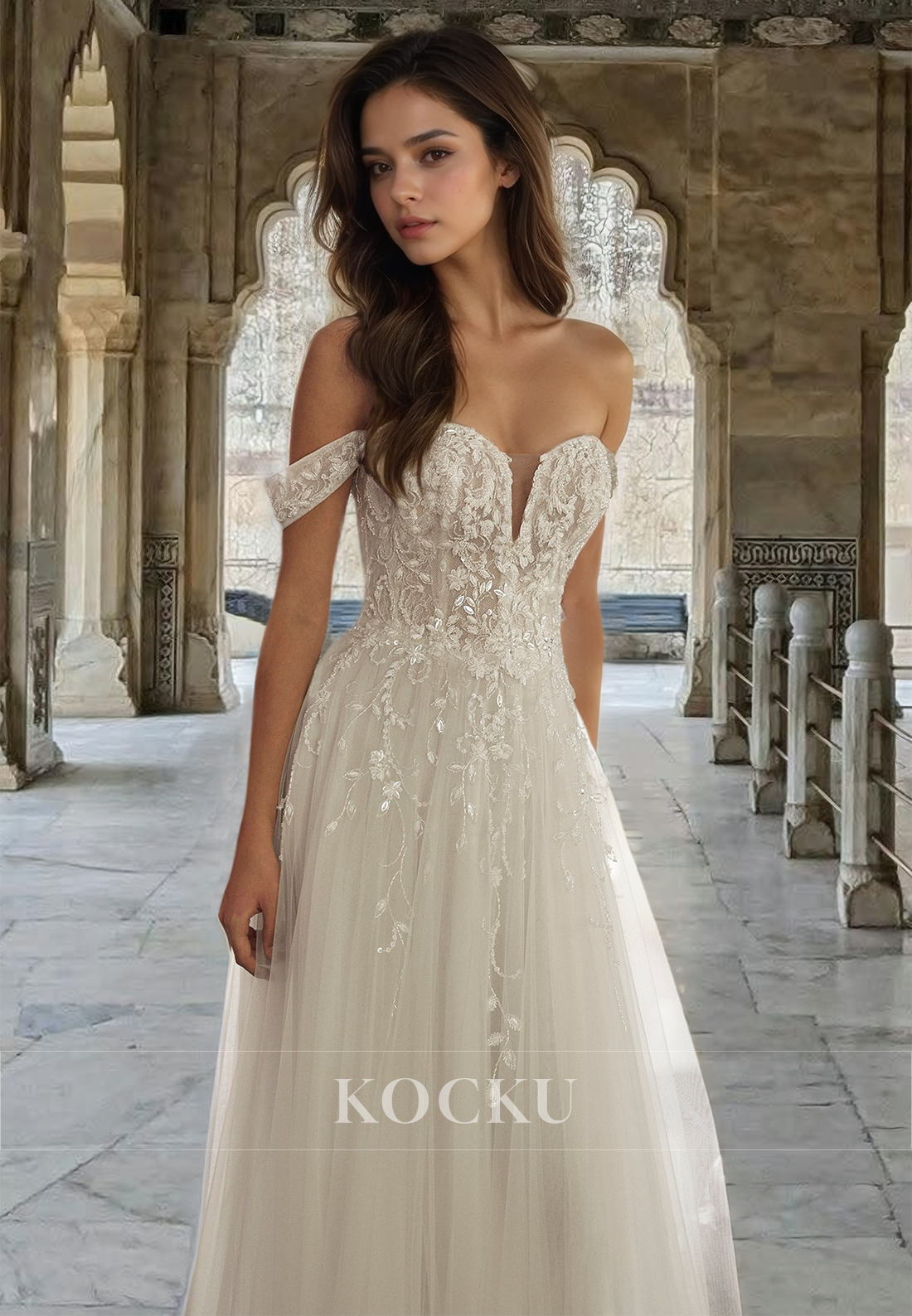 A-Line Off-Shoulder Sweetheart Sleeveless Lace Train Pleats Wedding Dress with Appliques