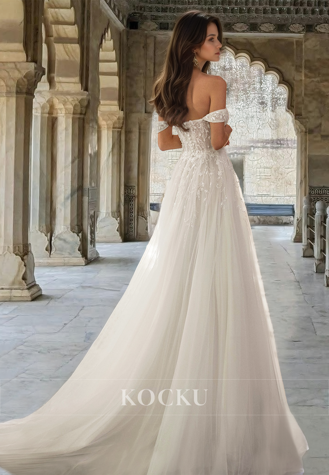 A-Line Off-Shoulder Sweetheart Sleeveless Lace Train Pleats Wedding Dress with Appliques