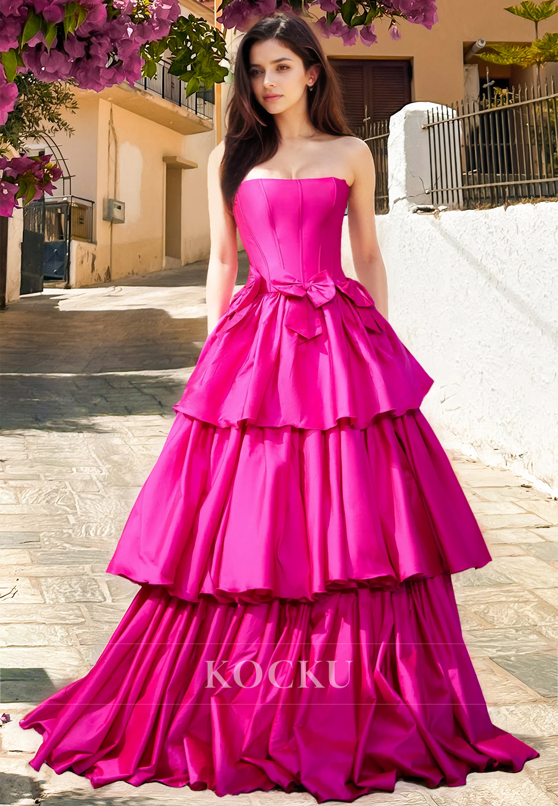 Charming A-Line Tube Top Sleeveless Bows Satin Ball Gowns Long Prom Party Dress
