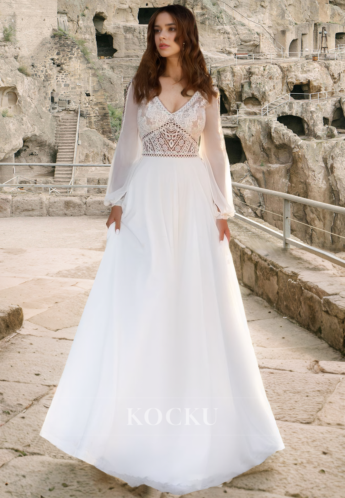 Elegant A-Line Long Sleeves V-Neck Appliques Wedding Dress with Train Bridal Gown