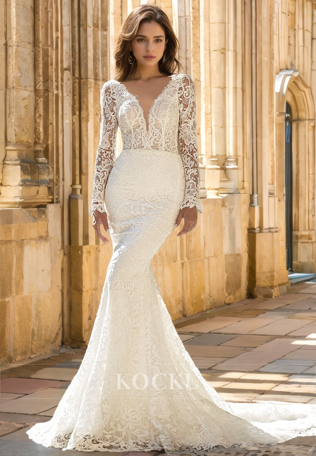Romantic V-Neck Long Sleeves Mermaid Sweep Train Lace Wedding Dress with Appliques