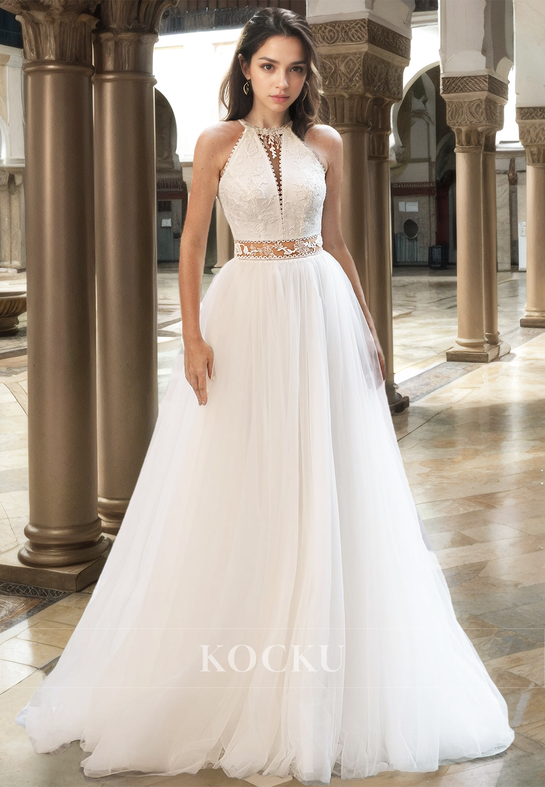 Halter Neck A-Line Sleeveless Long Lace pleats Beach Wedding Dress Boho Gown with Appliques