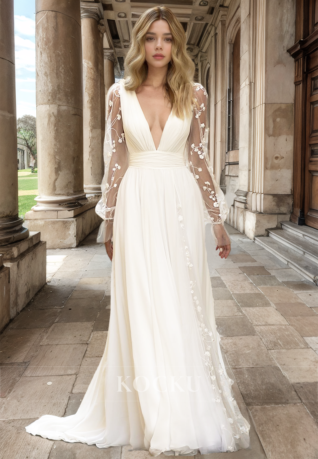 Deep V-Neck A-Line Long Sleeves Appliques Lace Pleats Wedding Dress with Train Bridal Gown