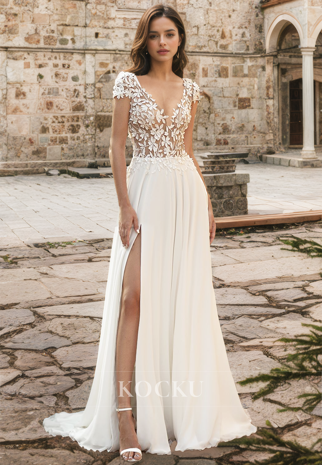 Glamorous A-Line V-Neck Short Sleeves Train Appliques Lace Boho Wedding Dress with Side Slit
