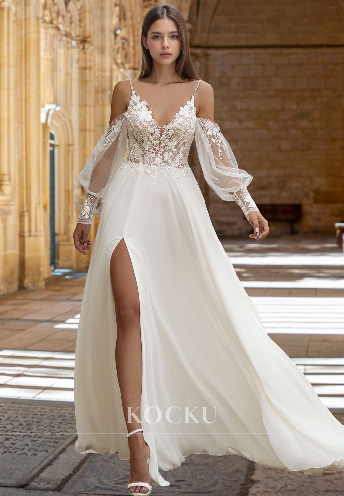 Romantic Long Sleeves Straps V-Neck A-Line Side Slit Lace Wedding Dress Bridal Gown with Applique