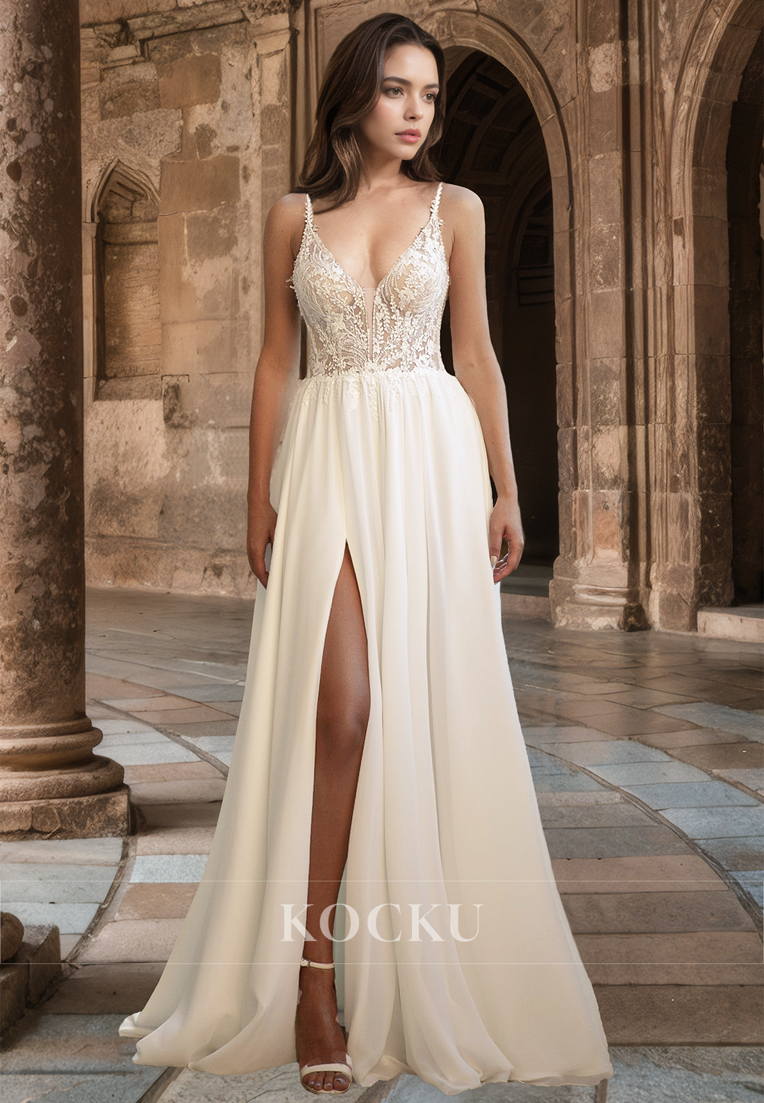 Romantic Spaghetti Straps A-Line V-Neck Side Slit Pleats Lace Wedding Dress with Appliques