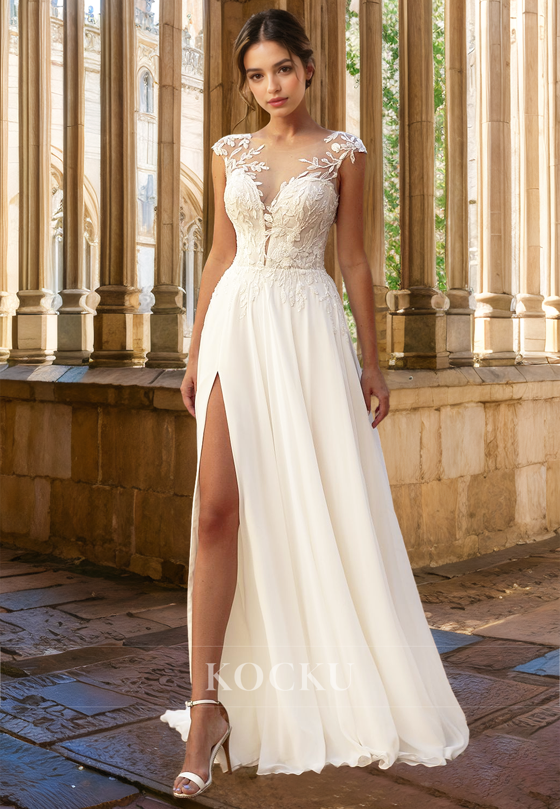 Graceful Scoop Neck A-Line Cap Sleeves Applique Lace Beach Wedding Dress with Slit