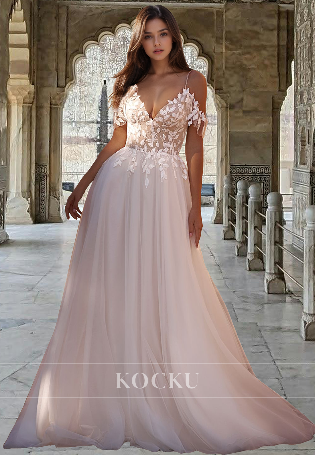 Bohemian A-Line V-Neck Spaghetti Straps Sweep Train Lace Beach Bridal Dress with Applique