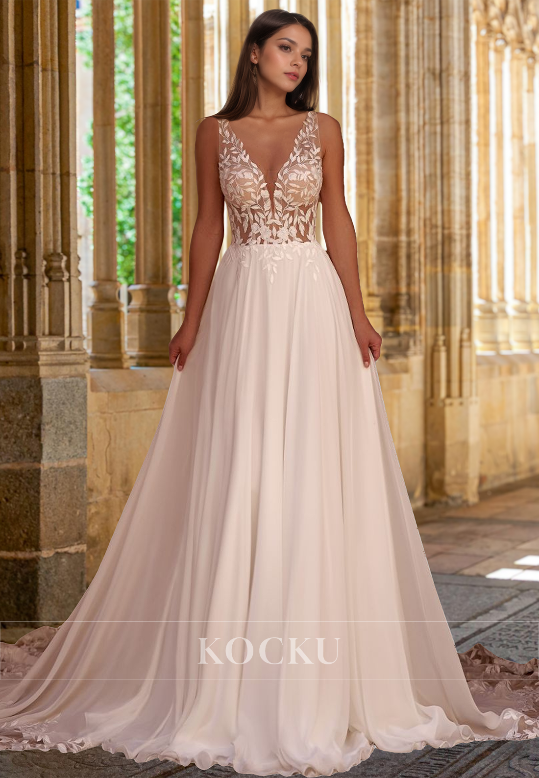 Elegant A-Line V-Neck Straps Beach Wedding Dress Appliques Lace Boho Gown with Train