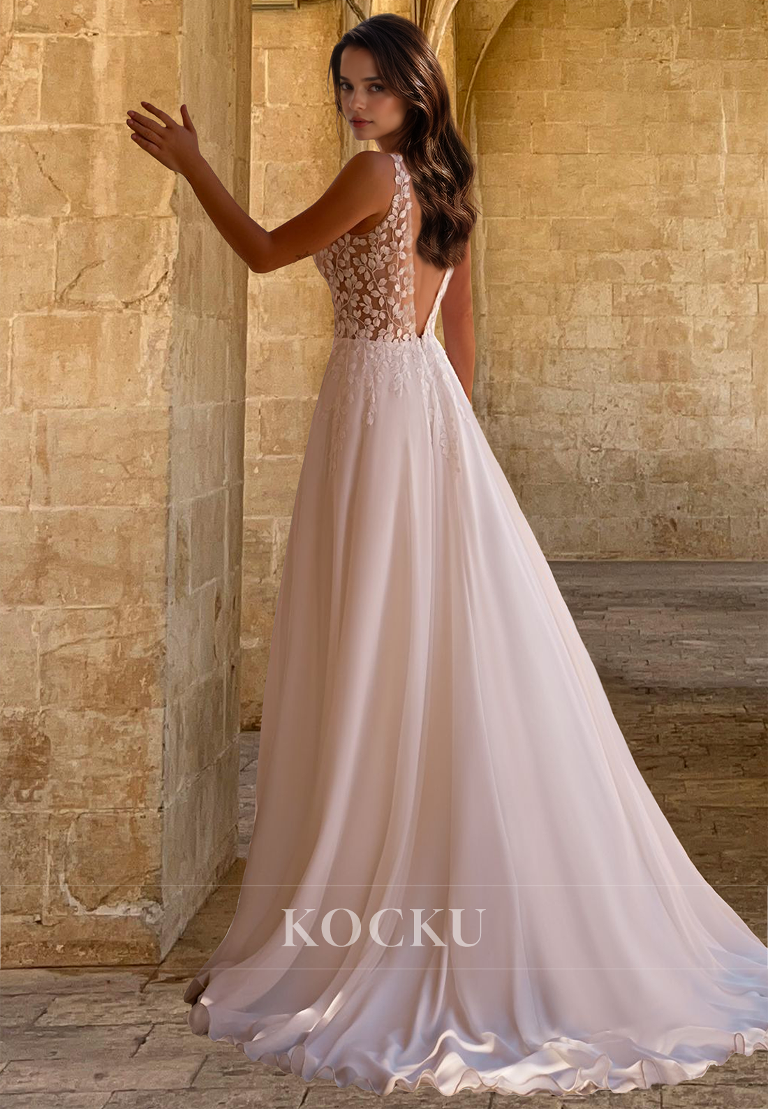 A-Line V-Neck Straps Sleeveless Pleated Lace Wedding Dress Bridal Gown with Appliques
