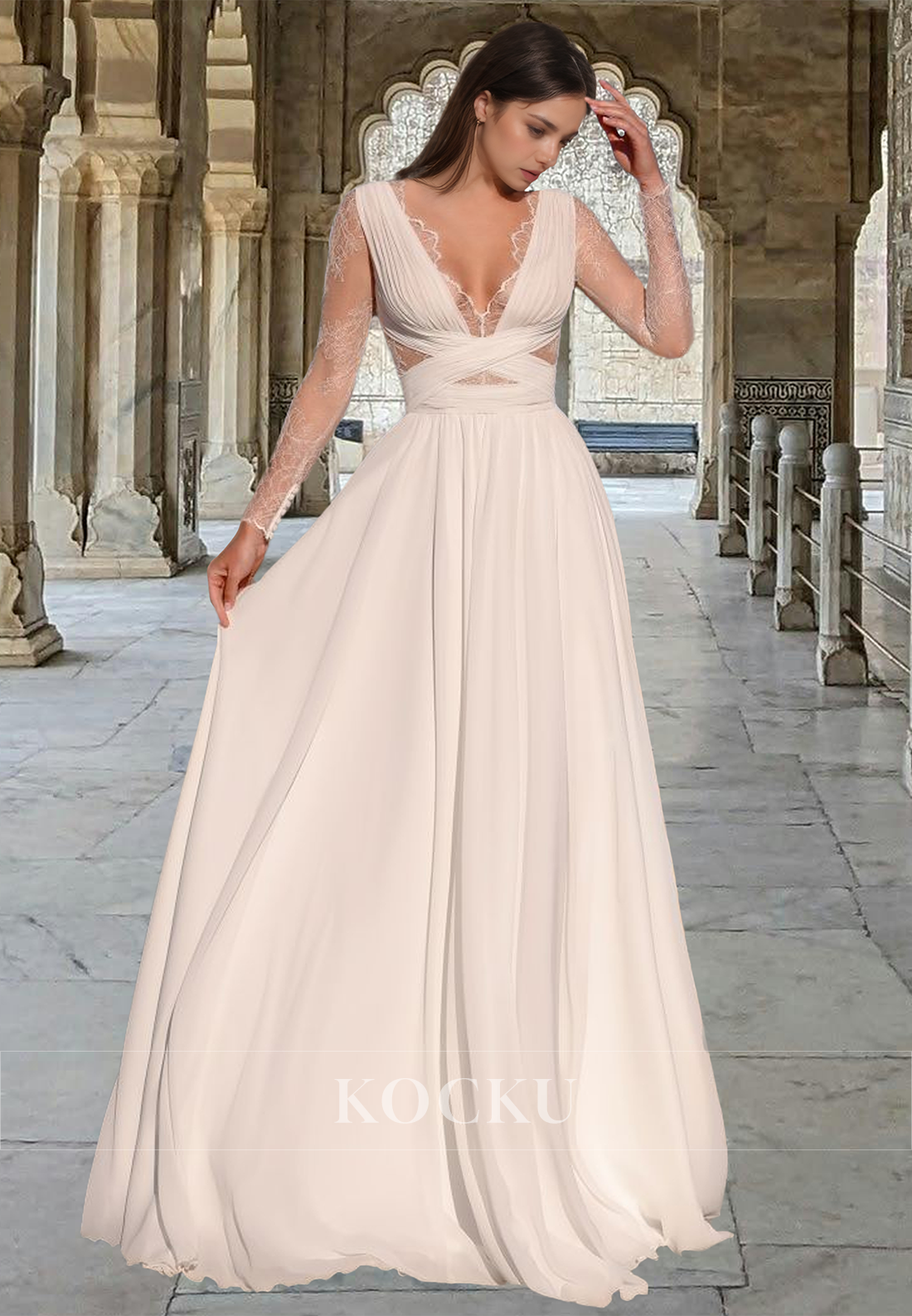 Gorgerous Long Sleeves A-Line V-Neck Sweep Train Lace Pleats Long Wedding Dress Boho Gown