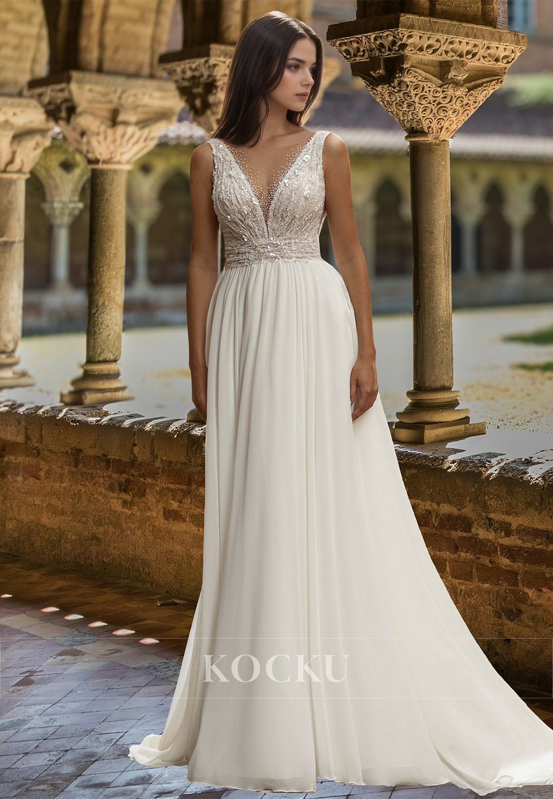 Beaded Straps A-Line V-Neck Sleeveless Pleated Sequin Lace Wedding Dress Bridal Gown