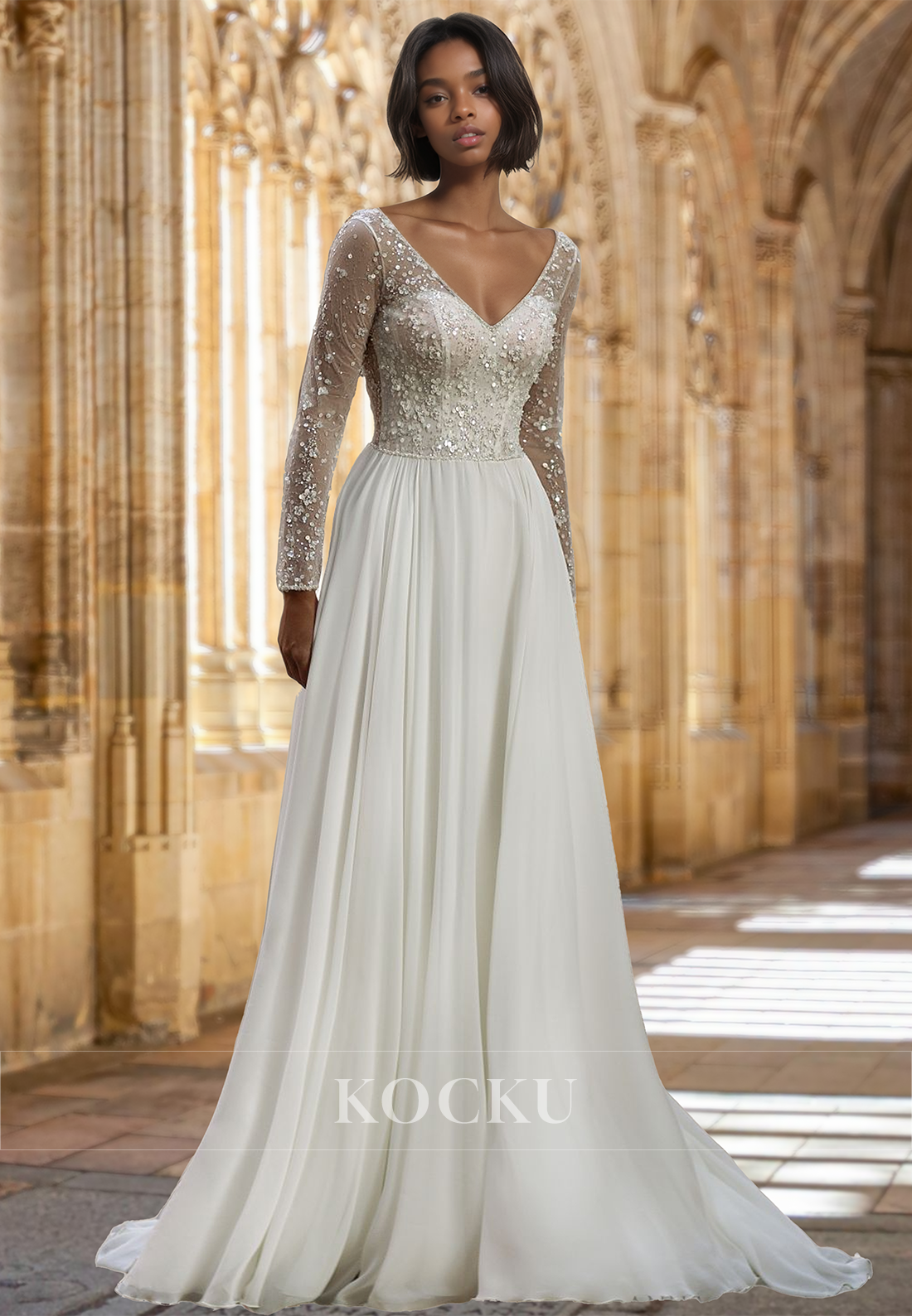 Striking A-Line V-Neck Long Sleeves Floral Sequin Lace Pleats Boho Wedding Dress with Train