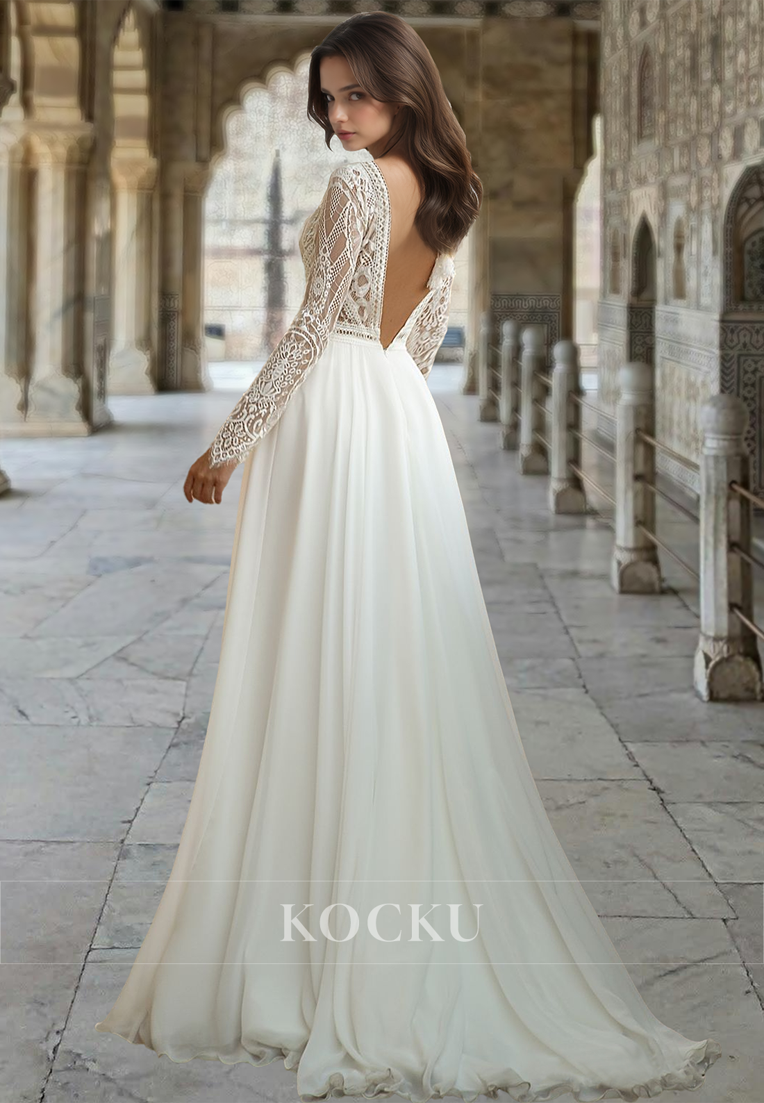 Vintage A-Line Low V-Neck Sleeves Long Lace Beach Wedding Dress with Appliques Boho Dress