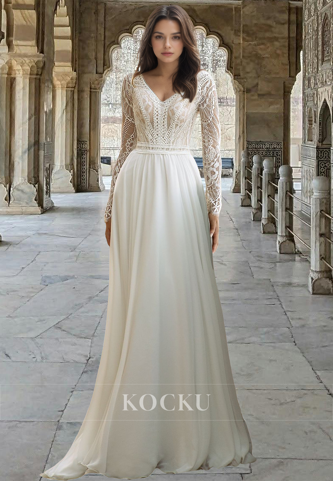 Vintage A-Line Low V-Neck Sleeves Long Lace Beach Wedding Dress with Appliques Boho Dress