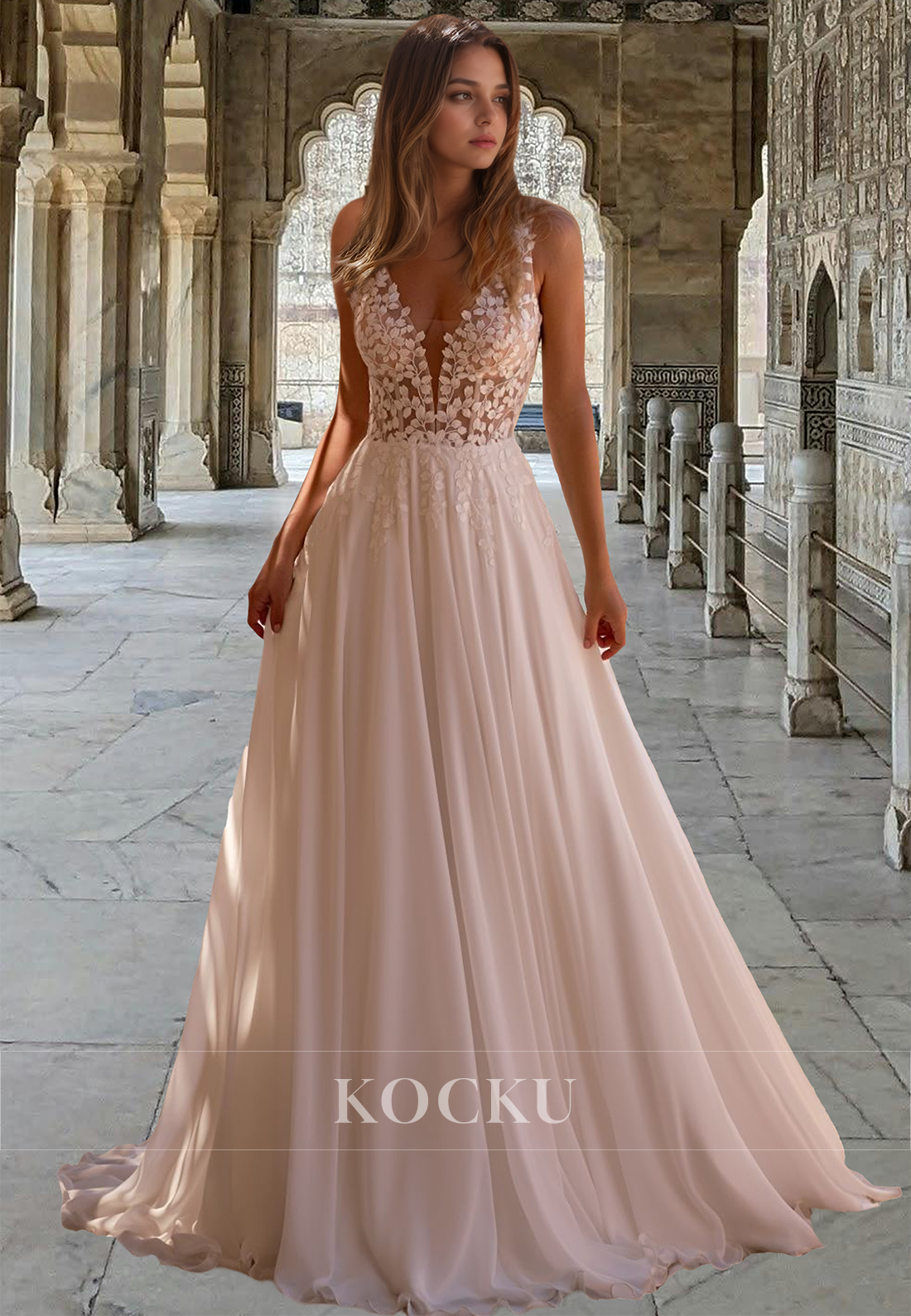 A-Line V-Neck Straps Sleeveless Pleated Lace Wedding Dress Bridal Gown with Appliques