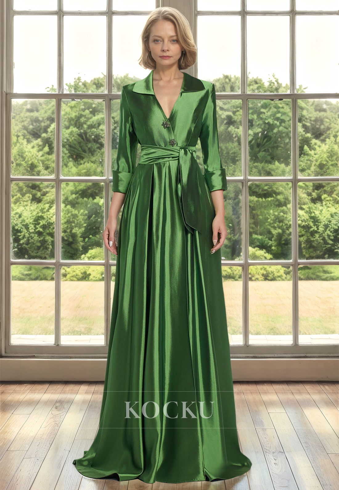 A-Line V-Neck Sleeves Pleated Satin Mother of Bride Dress with Beads Cocktail Dress