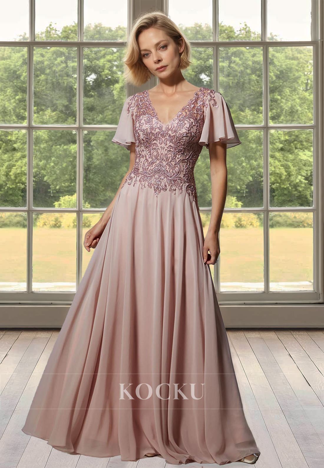 A-Line V-Neck Short Sleeves Lace Pleats Appliques Long Mother of Bride Cocktail Dress