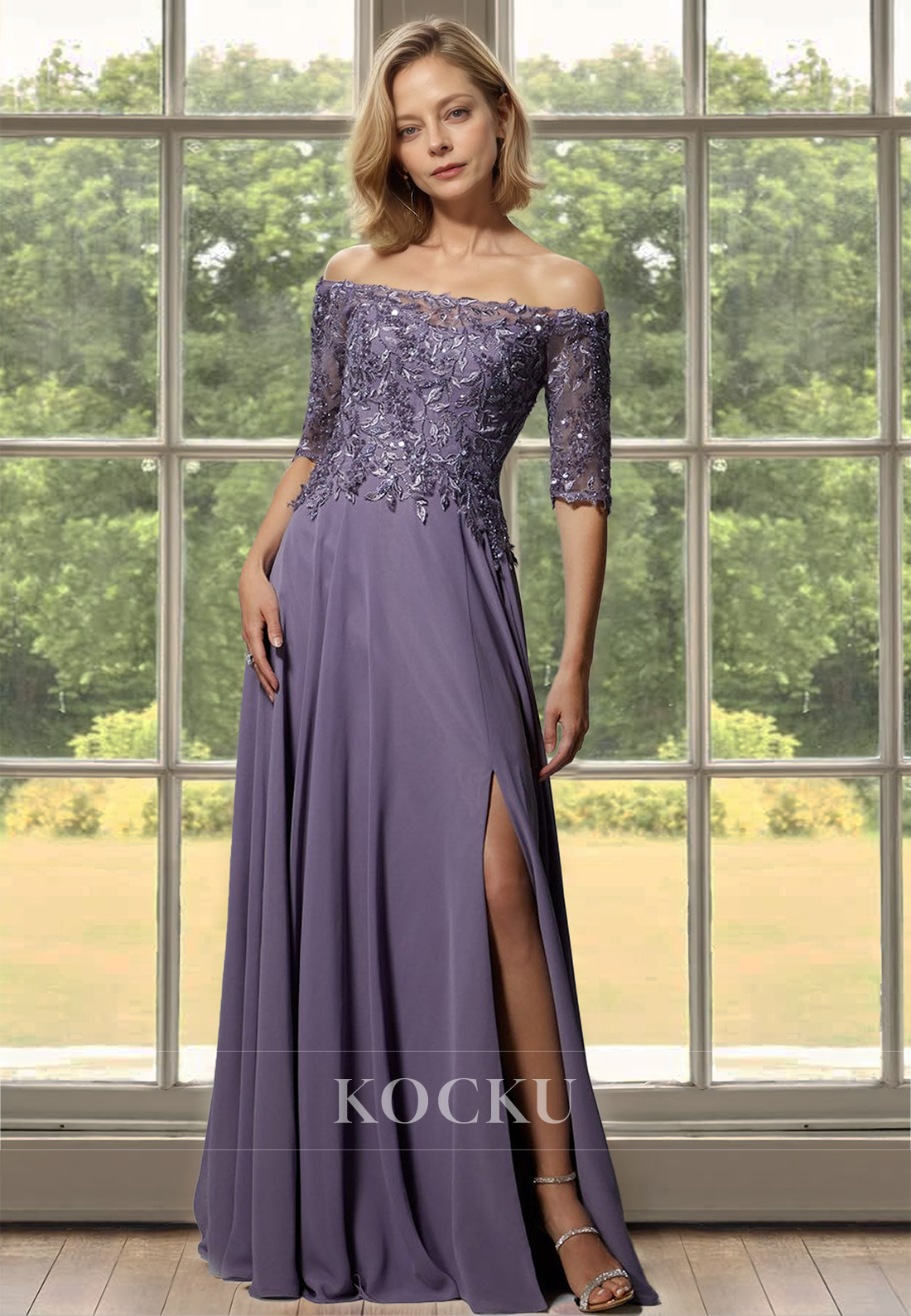 A-Line Tube Top Half Sleeves Applique Lace Cocktail Dress with Slit Mother of Bride Dress