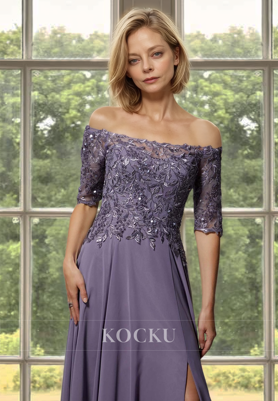 A-Line Tube Top Half Sleeves Applique Lace Cocktail Dress with Slit Mother of Bride Dress