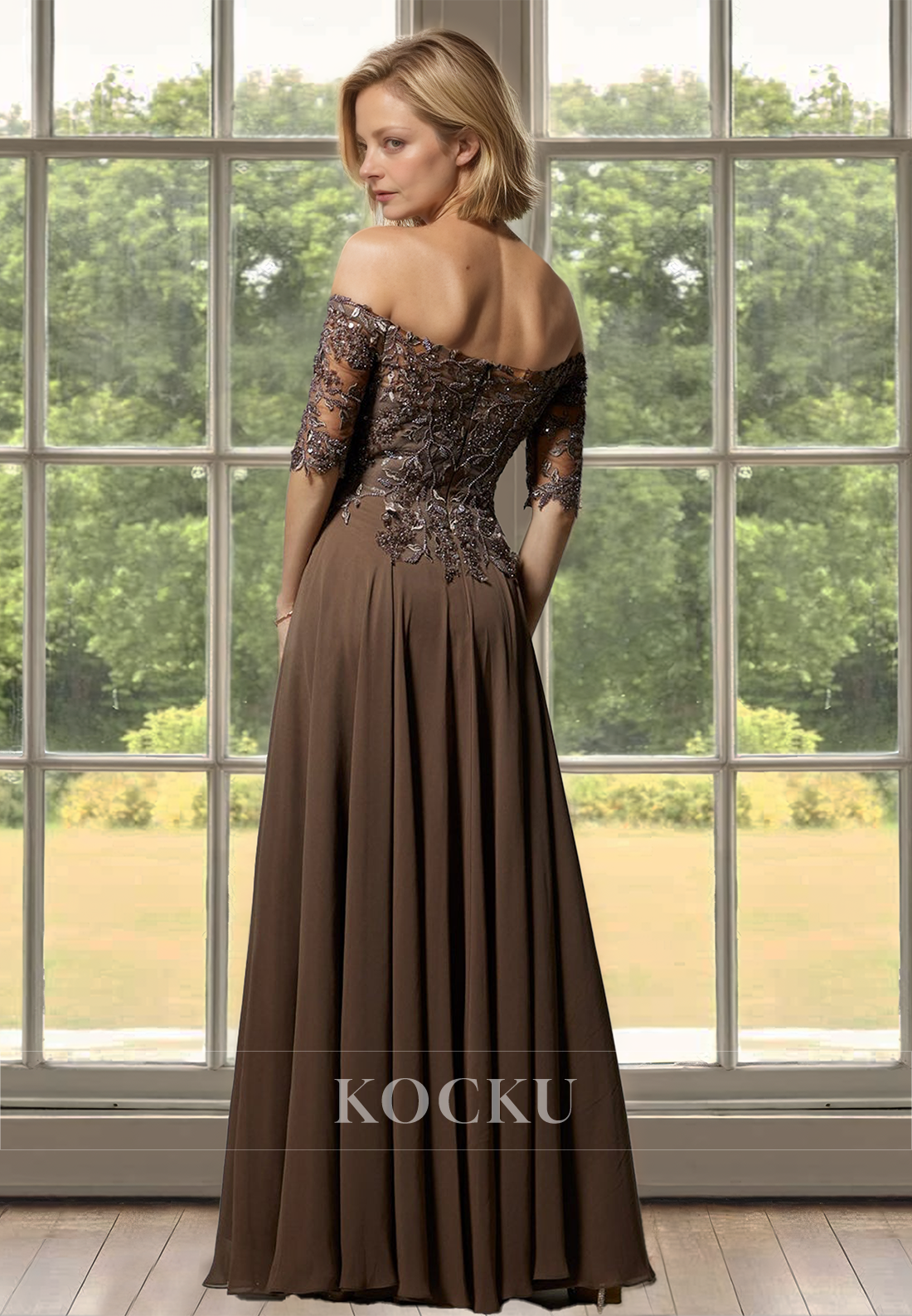 A-Line Tube Top Half Sleeves Applique Lace Cocktail Dress with Slit Mother of Bride Dress