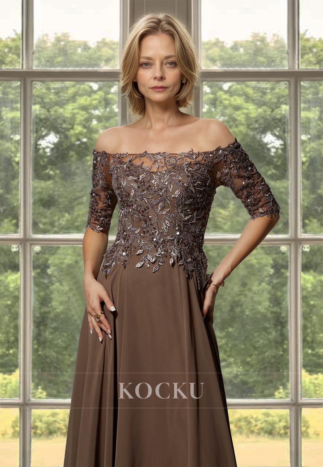 A-Line Tube Top Half Sleeves Applique Lace Cocktail Dress with Slit Mother of Bride Dress