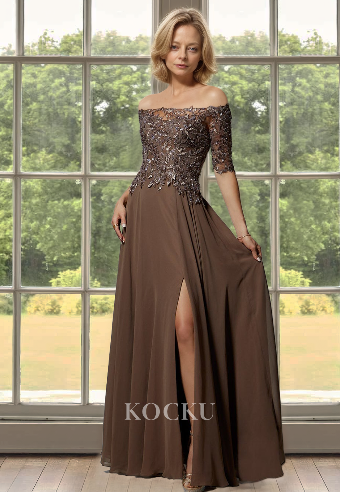 A-Line Tube Top Half Sleeves Applique Lace Cocktail Dress with Slit Mother of Bride Dress