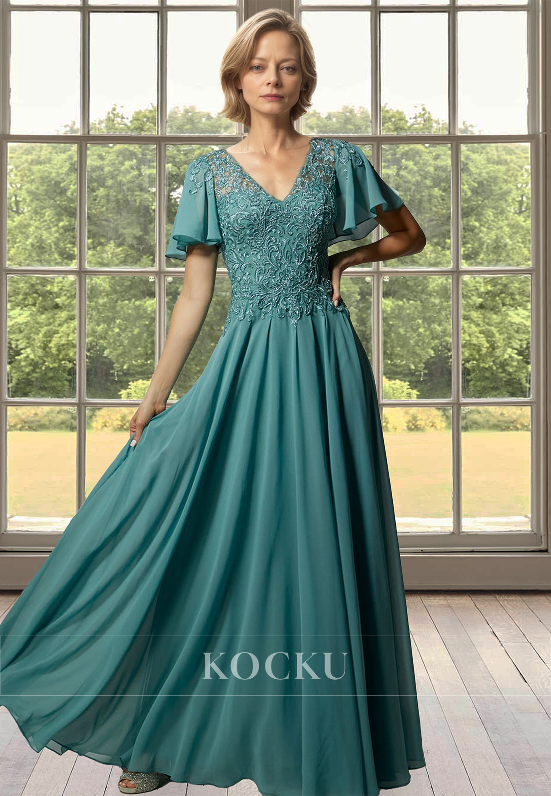 A-Line V-Neck Short Sleeves Lace Pleats Appliques Long Mother of Bride Cocktail Dress