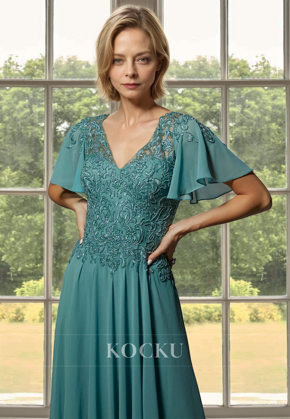 A-Line V-Neck Short Sleeves Lace Pleats Appliques Long Mother of Bride Cocktail Dress