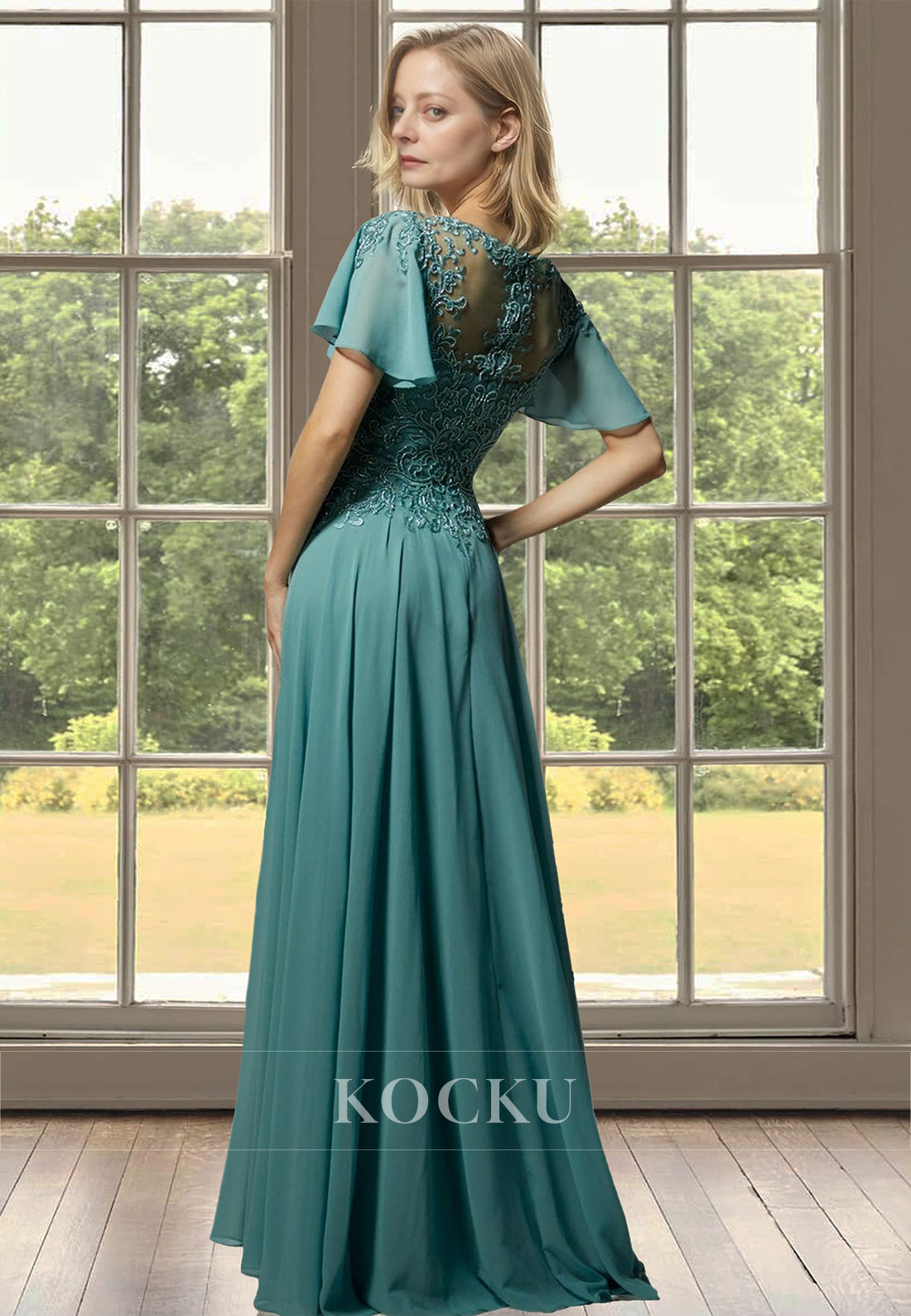 A-Line V-Neck Short Sleeves Lace Pleats Appliques Long Mother of Bride Cocktail Dress