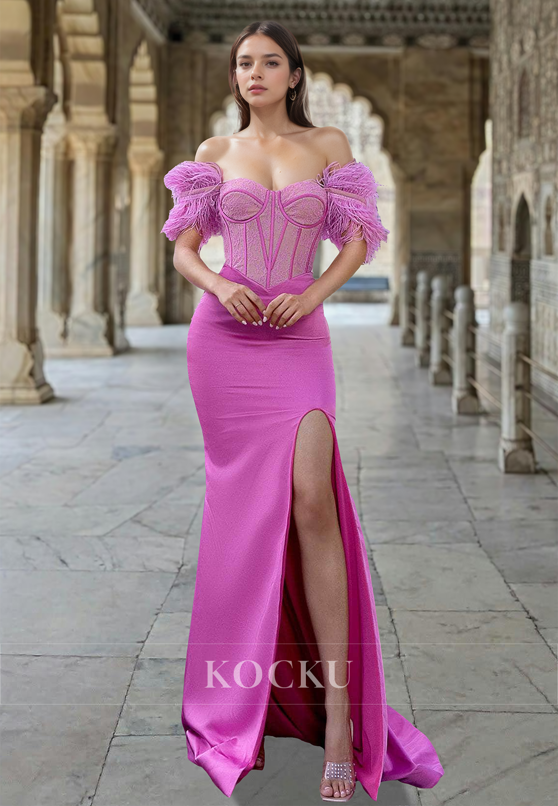 Sweetheart Sheath Stripe Side Slit Train Sleeveless Long Prom Formal Dress with Feather