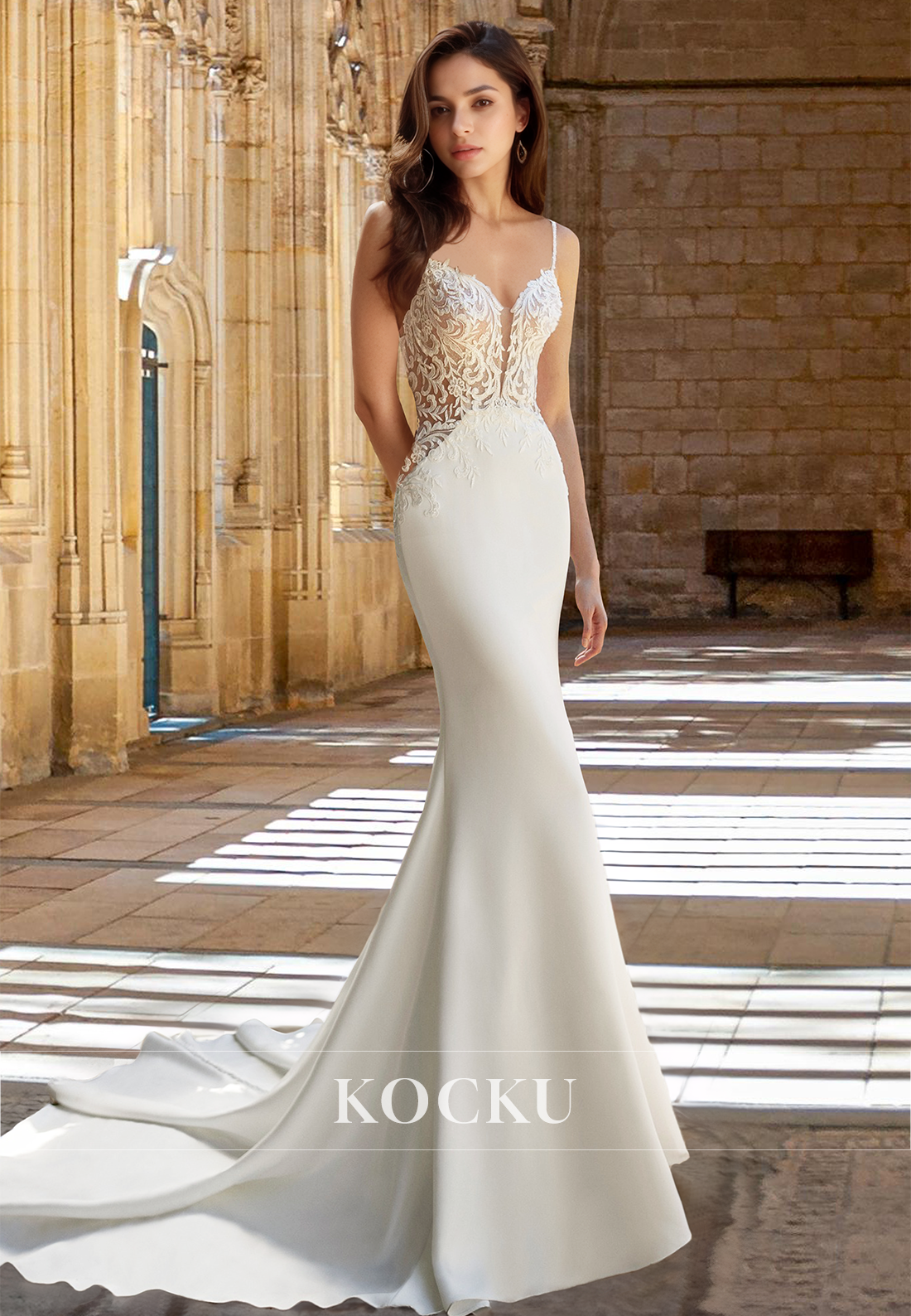 Graceful V-Neck Straps Sleeveless Mermaid Sweep Train Bridal Dress with Appliques Wedding Dress