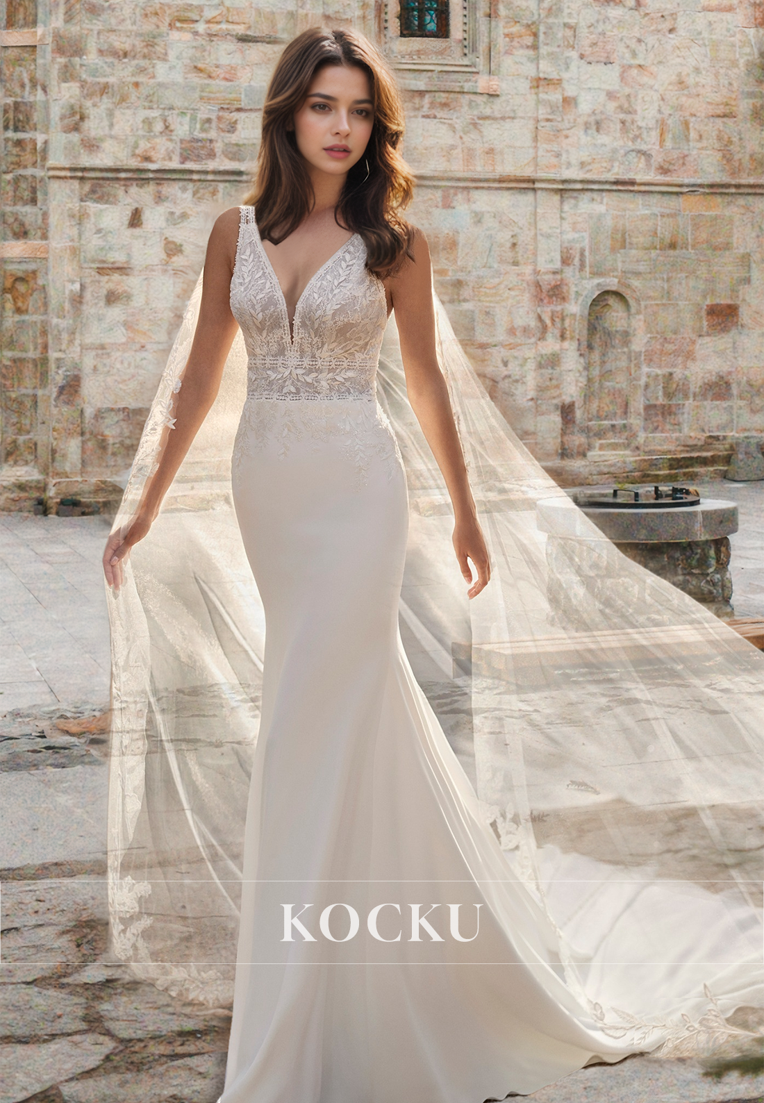 Elegant V-Neck Straps Sleeveless Applique Satin Wedding Dress with Beads Bridal Gown